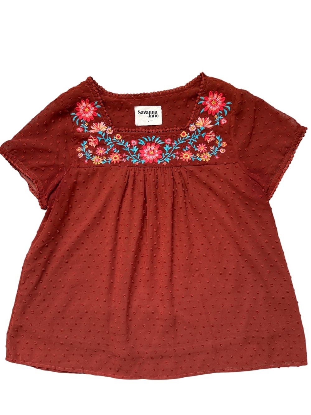 Savanna Jane Boho Swiss Dot Embroidered Peasant Blouse Large